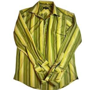 Ted Baker London Shirt Mens 4 Large Green Yellow Stripe Long Sleeve Cotton Retro